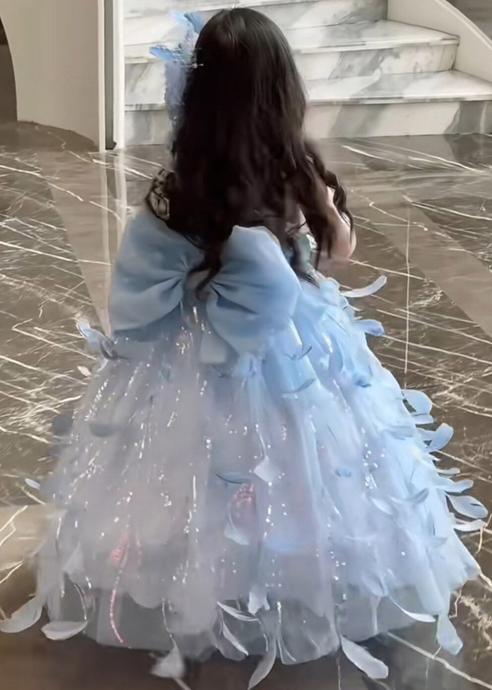 Modern Blue Pearl Patchwork Tulle Kids Maxi Spaghetti Strap Sleeveless