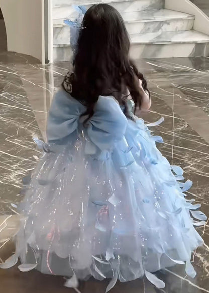 Modern Blue Pearl Patchwork Tulle Kids Maxi Spaghetti Strap Sleeveless