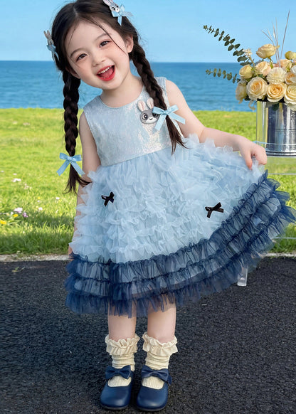 Modern Blue Ruffled Rabbit Tulle Kids Girls Dresses Summer