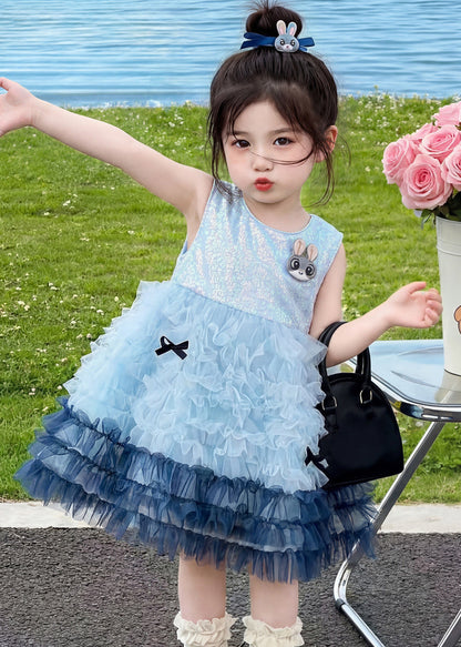 Modern Blue Ruffled Rabbit Tulle Kids Girls Dresses Summer