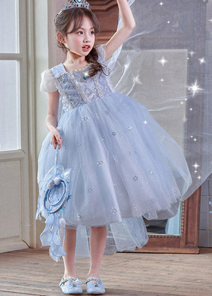 Modern Blue Square Collar Patchwork Tulle Girls Long Dresses Summer