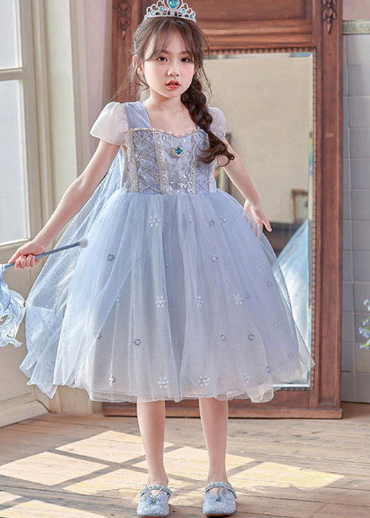 Modern Blue Square Collar Patchwork Tulle Girls Long Dresses Summer