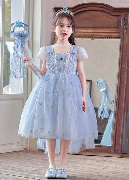 Modern Blue Square Collar Patchwork Tulle Girls Long Dresses Summer