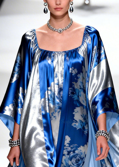 Modern Blue Square Collar Print Chiffon Party Dress Summer