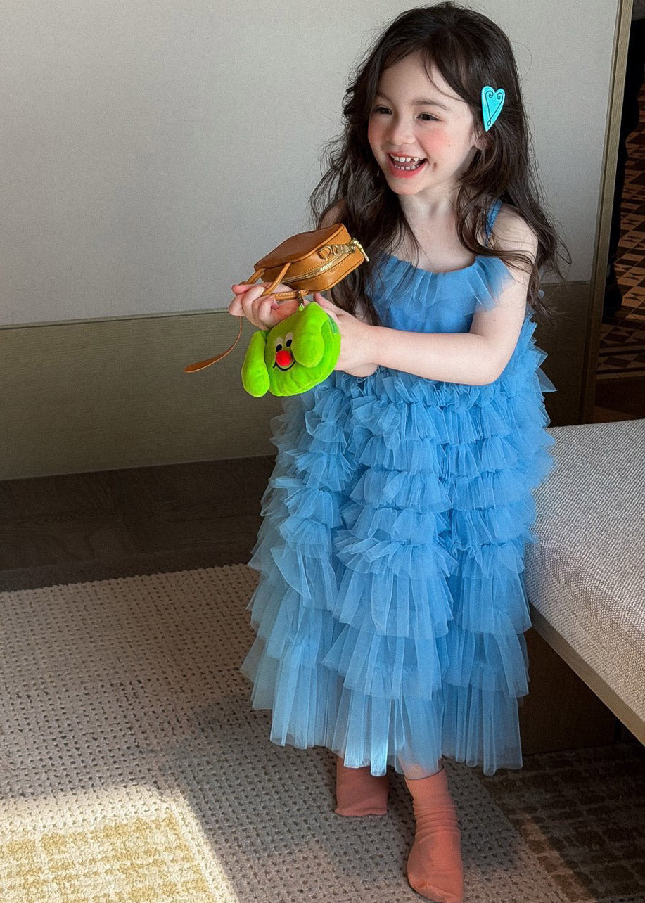 Modern Blue Square Collar Tulle Kids Maxi Spaghetti Strap Dress Sleeveless