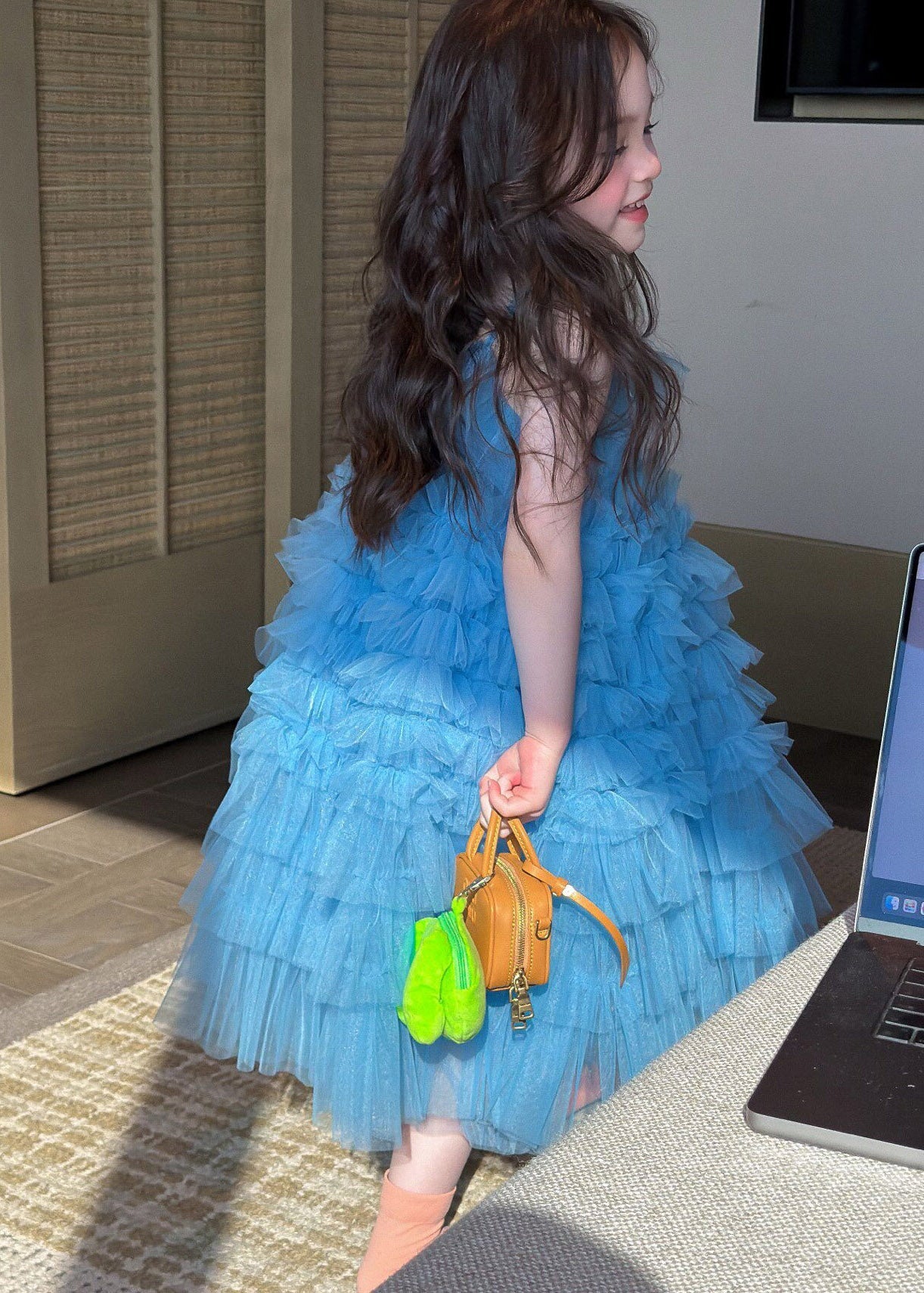 Modern Blue Square Collar Tulle Kids Maxi Spaghetti Strap Dress Sleeveless