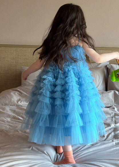 Modern Blue Square Collar Tulle Kids Maxi Spaghetti Strap Dress Sleeveless