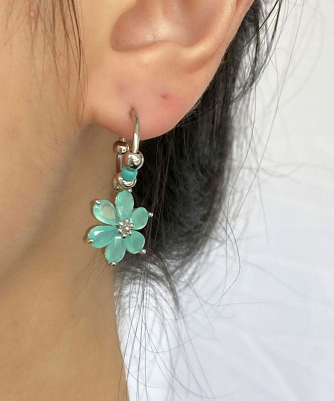 Modern Blue Stainless Steel Floral Hoop Earrings