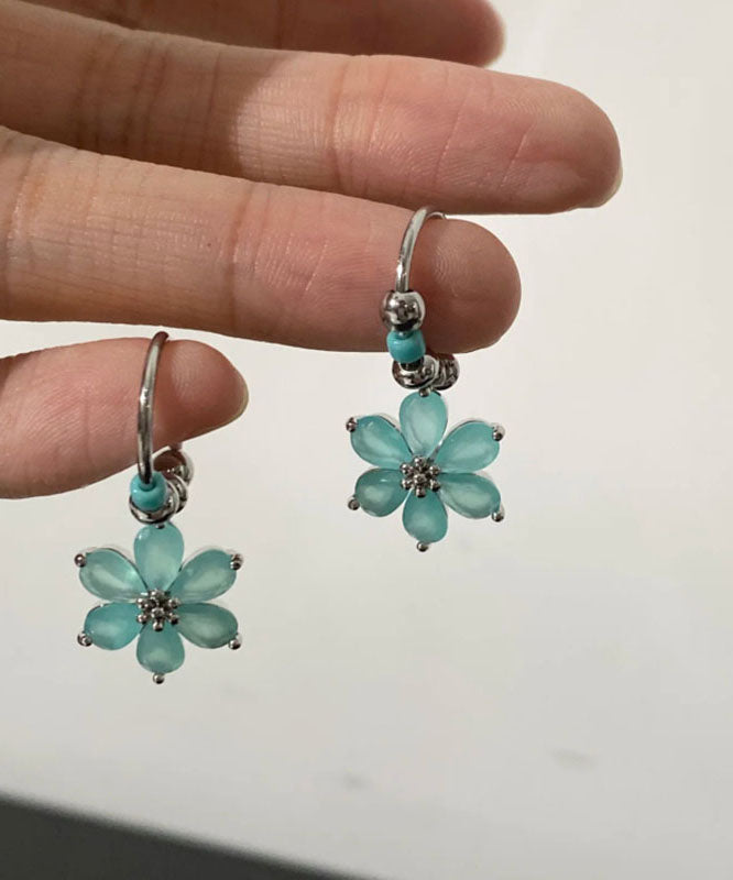 Modern Blue Stainless Steel Floral Hoop Earrings