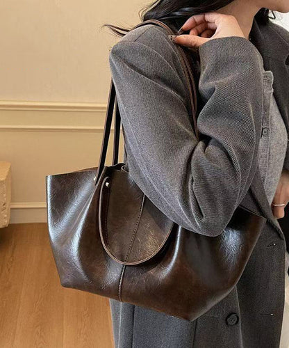 Modern Brown Solid Durable Wrinkled Faux Leather Satchel Handbag