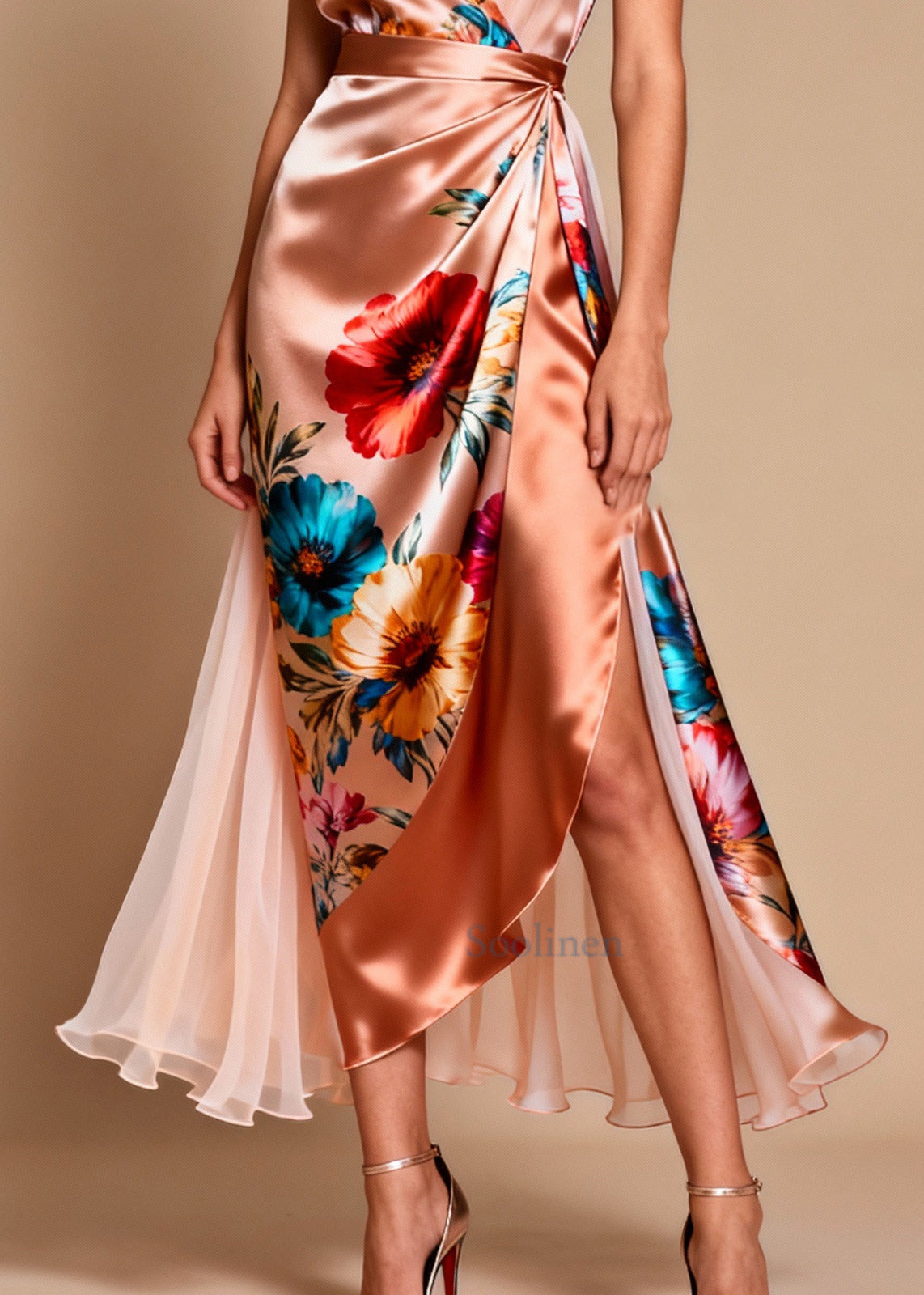 Modern Champagne Asymmetrical Patchwork Tulle Flower Print Dinner Dress Summer