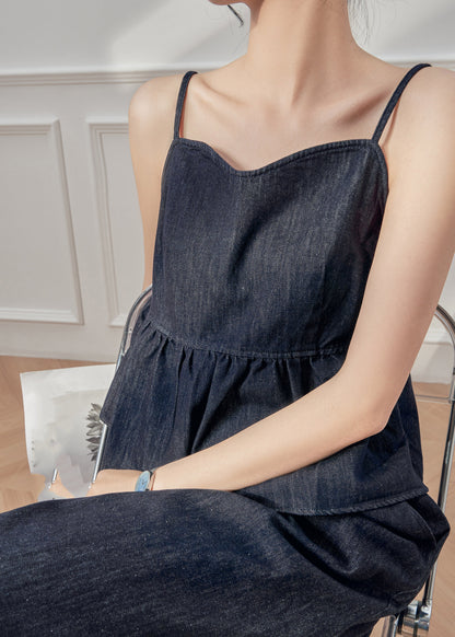 Modern Dark Blue Lace Patchwork Denim Vest And Crop Pants Two Pieces Set Sleeveless