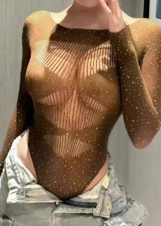 Modern Khaki Hollow Out Rhinestone One Piece Workout Suit