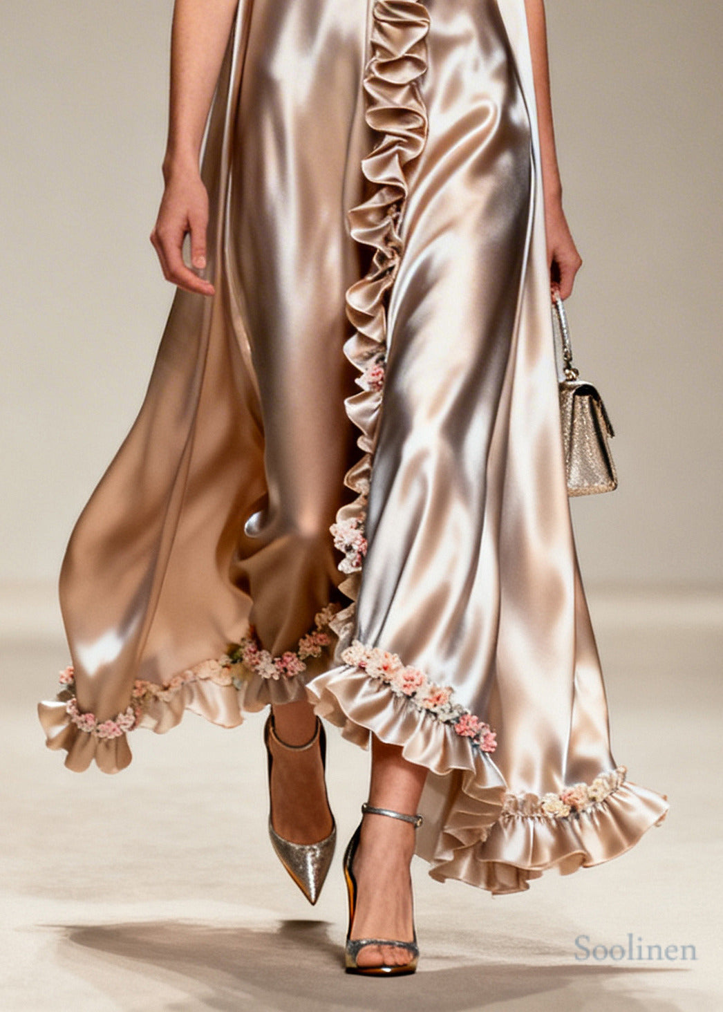 Modern Khaki Ruffled Floral Silk Robe Dresses Sleeveless