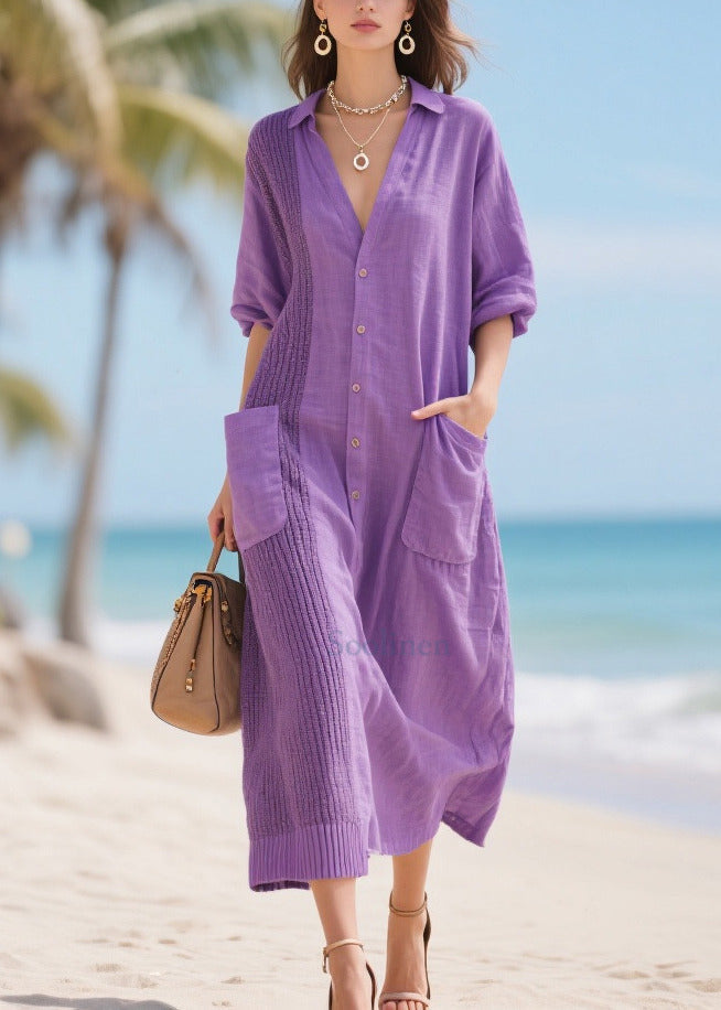 Modern Lavender Oversized Patchwork Pockets Cotton Dress Spring