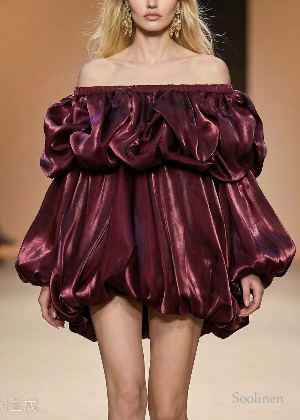 Modern Mulberry Puff Sleeve Wrinkled Silk Tea Dress