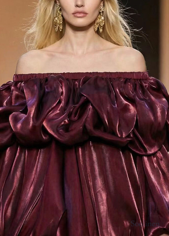 Modern Mulberry Puff Sleeve Wrinkled Silk Tea Dress