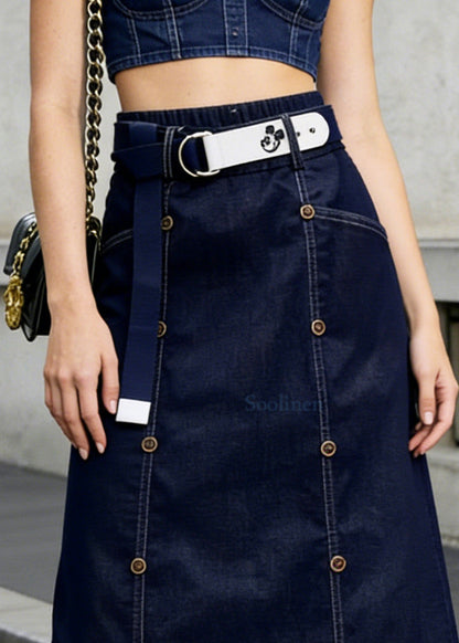 Modern Navy Double Breast Denim A Line Skirt Summer