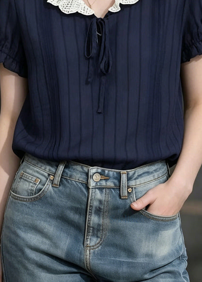 Modern Navy Peter Pan Collar Striped Chiffon Shirts Summer