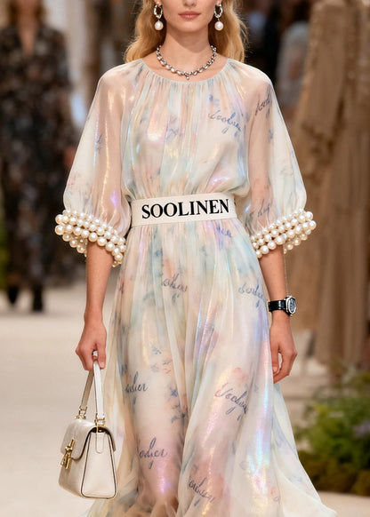 Modern O-Neck Nail Bead Print Silk Long Dress Half Sleeve