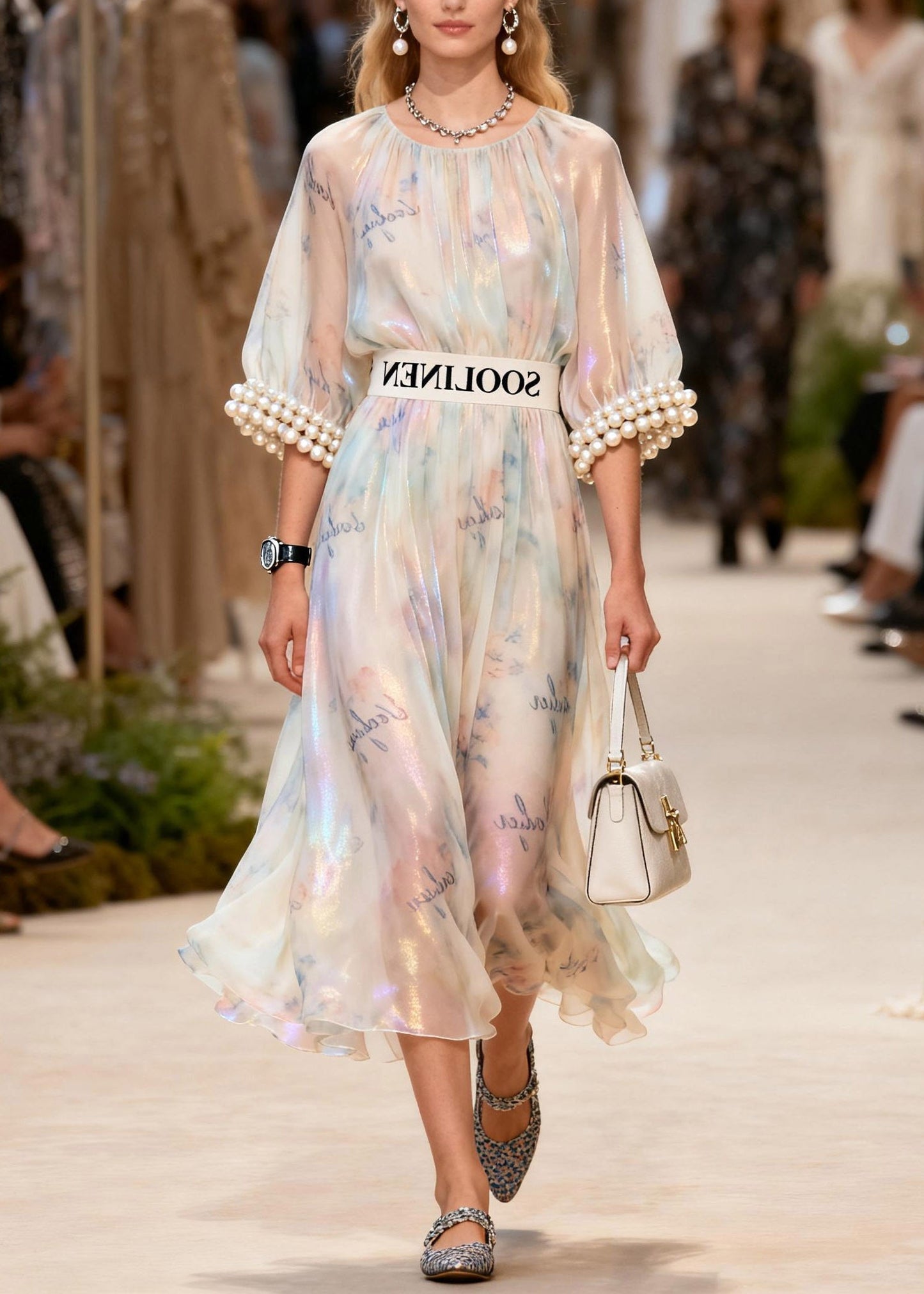 Modern O-Neck Nail Bead Print Silk Long Dress Half Sleeve