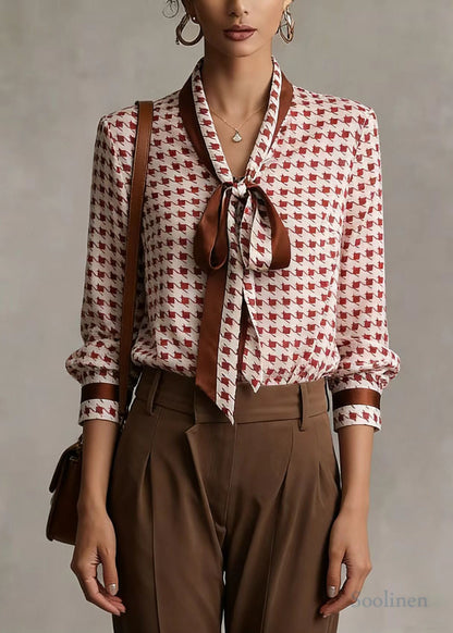 Modern Pink Bow Collar Plaid Chiffon Shirts Top Spring