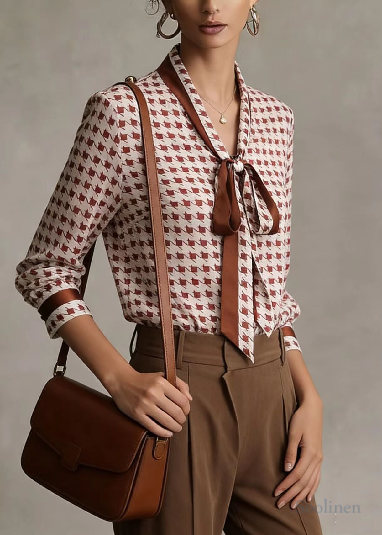 Modern Pink Bow Collar Plaid Chiffon Shirts Top Spring
