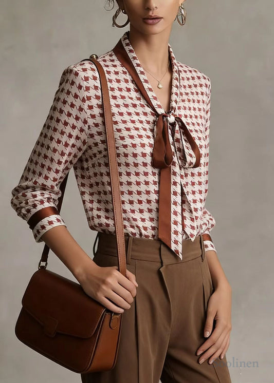 Modern Pink Bow Collar Plaid Chiffon Shirts Top Spring