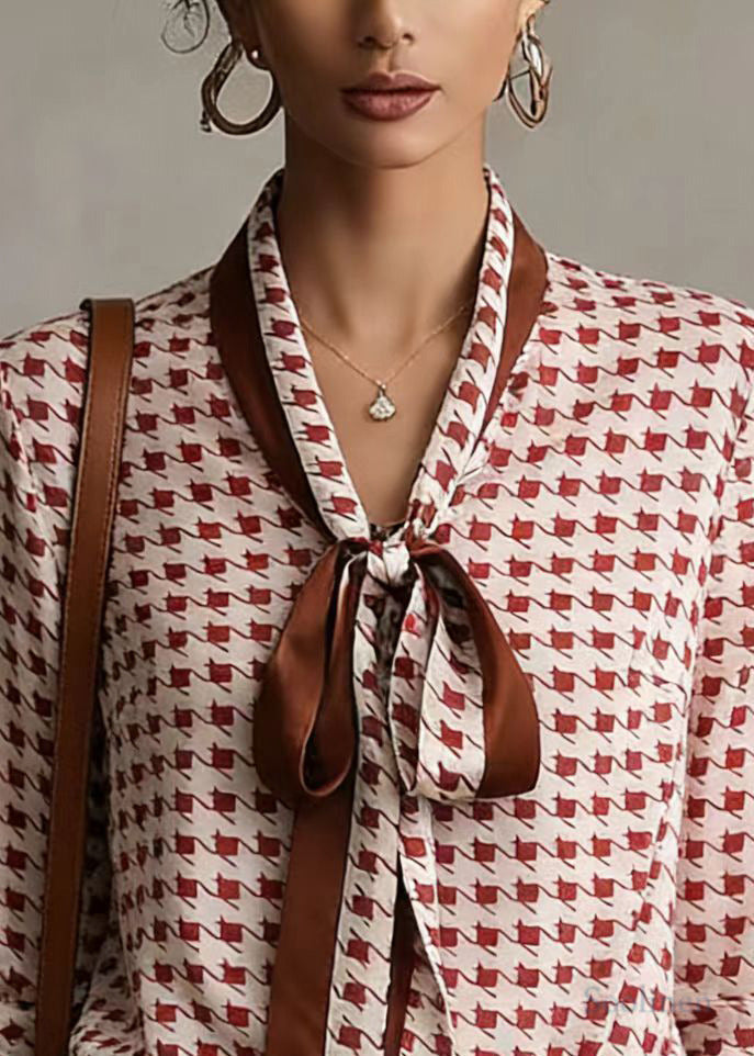 Modern Pink Bow Collar Plaid Chiffon Shirts Top Spring