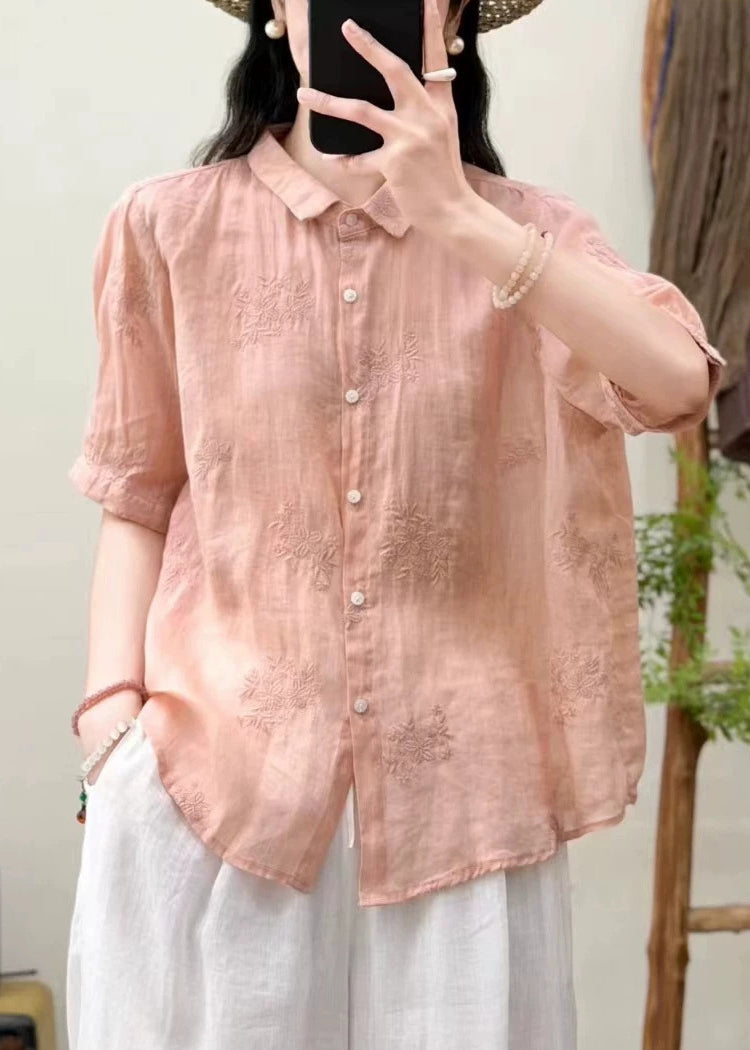 Modern Pink Embroidered Oversized Linen Top Summer