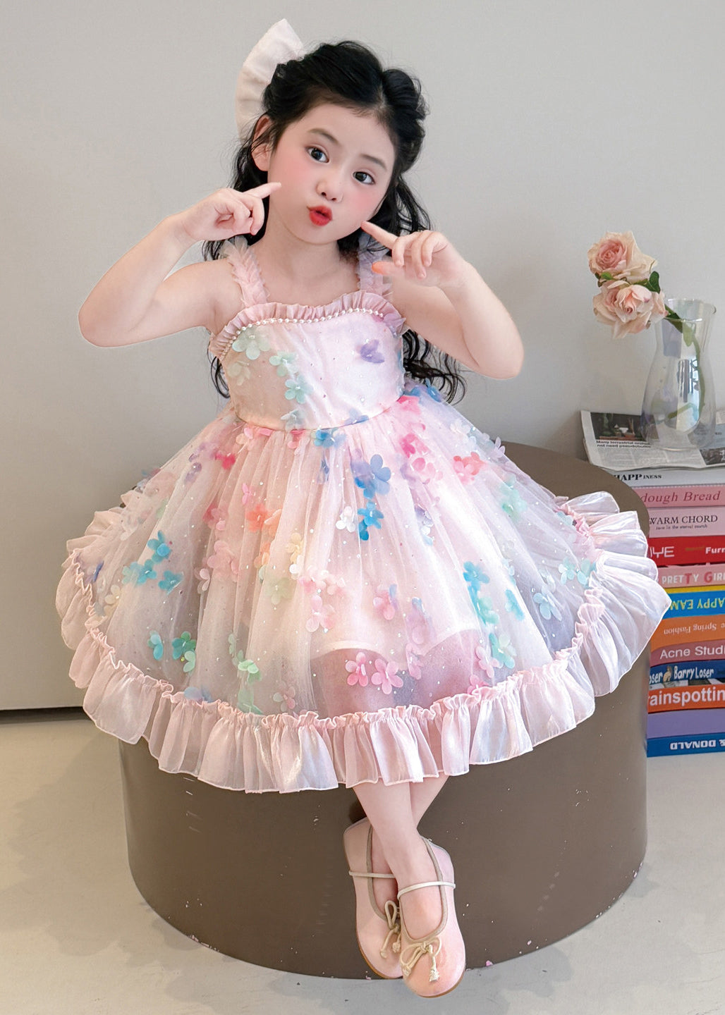 Modern Pink Floral Exra Large Hem Tulle Baby Girls Dress Summer