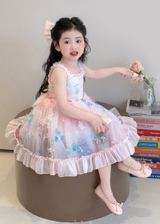 Modern Pink Floral Exra Large Hem Tulle Baby Girls Dress Summer