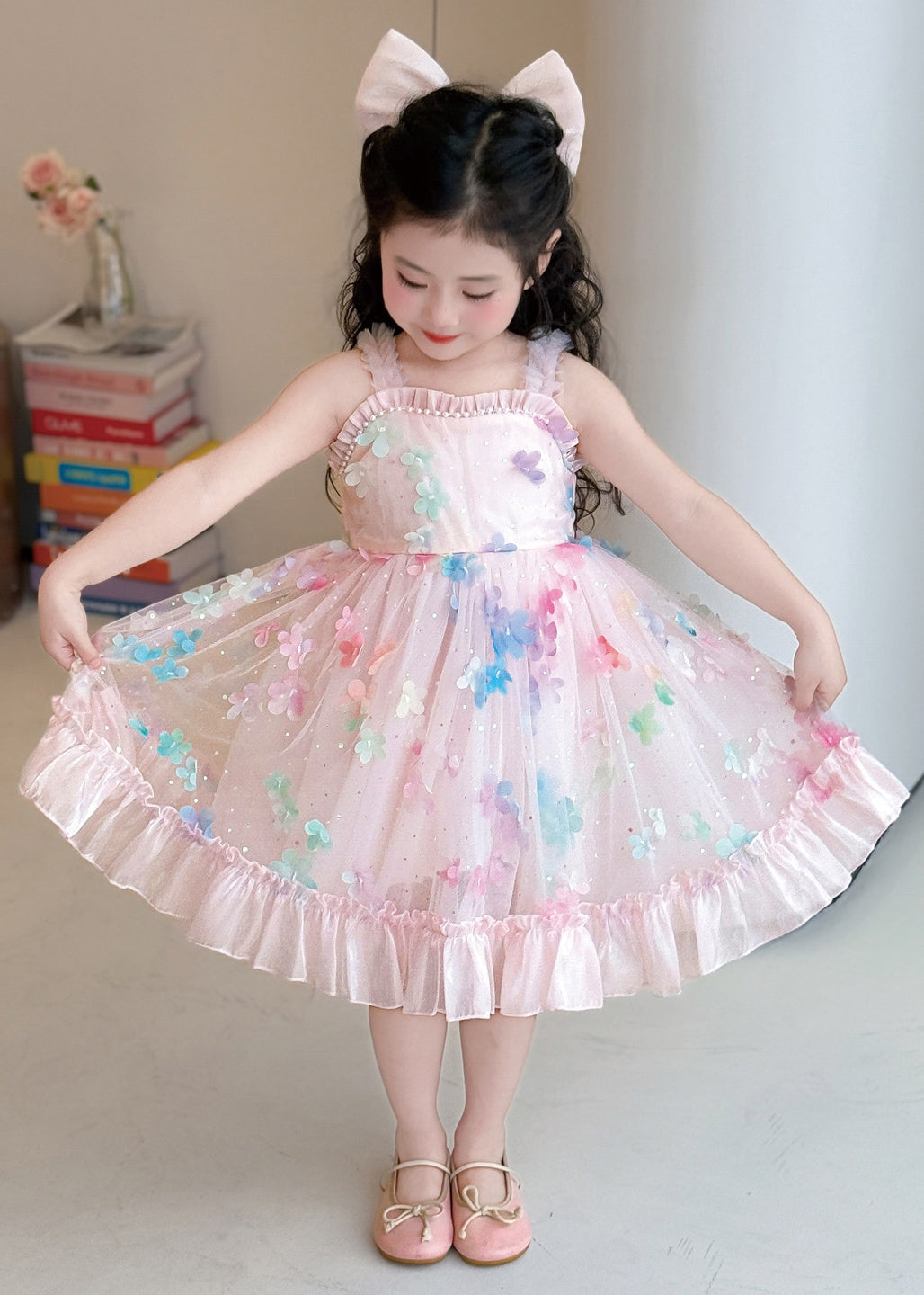 Modern Pink Floral Exra Large Hem Tulle Baby Girls Dress Summer
