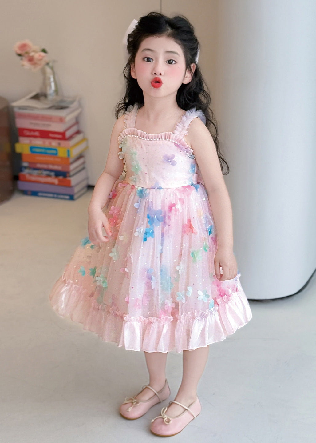 Modern Pink Floral Exra Large Hem Tulle Baby Girls Dress Summer