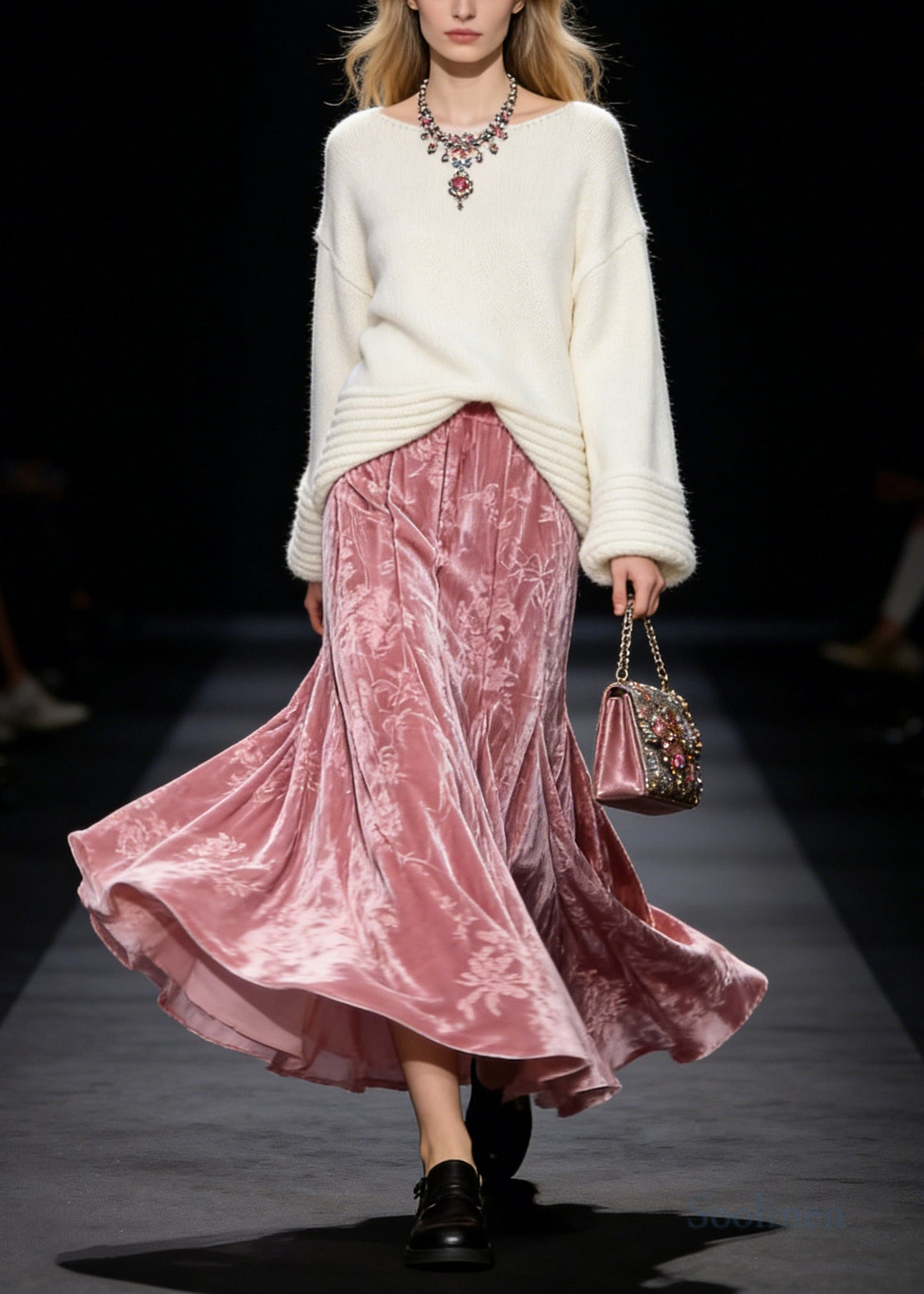 Modern Pink Jacquard Exra Large Hem Silk Velvet Skirts Spring