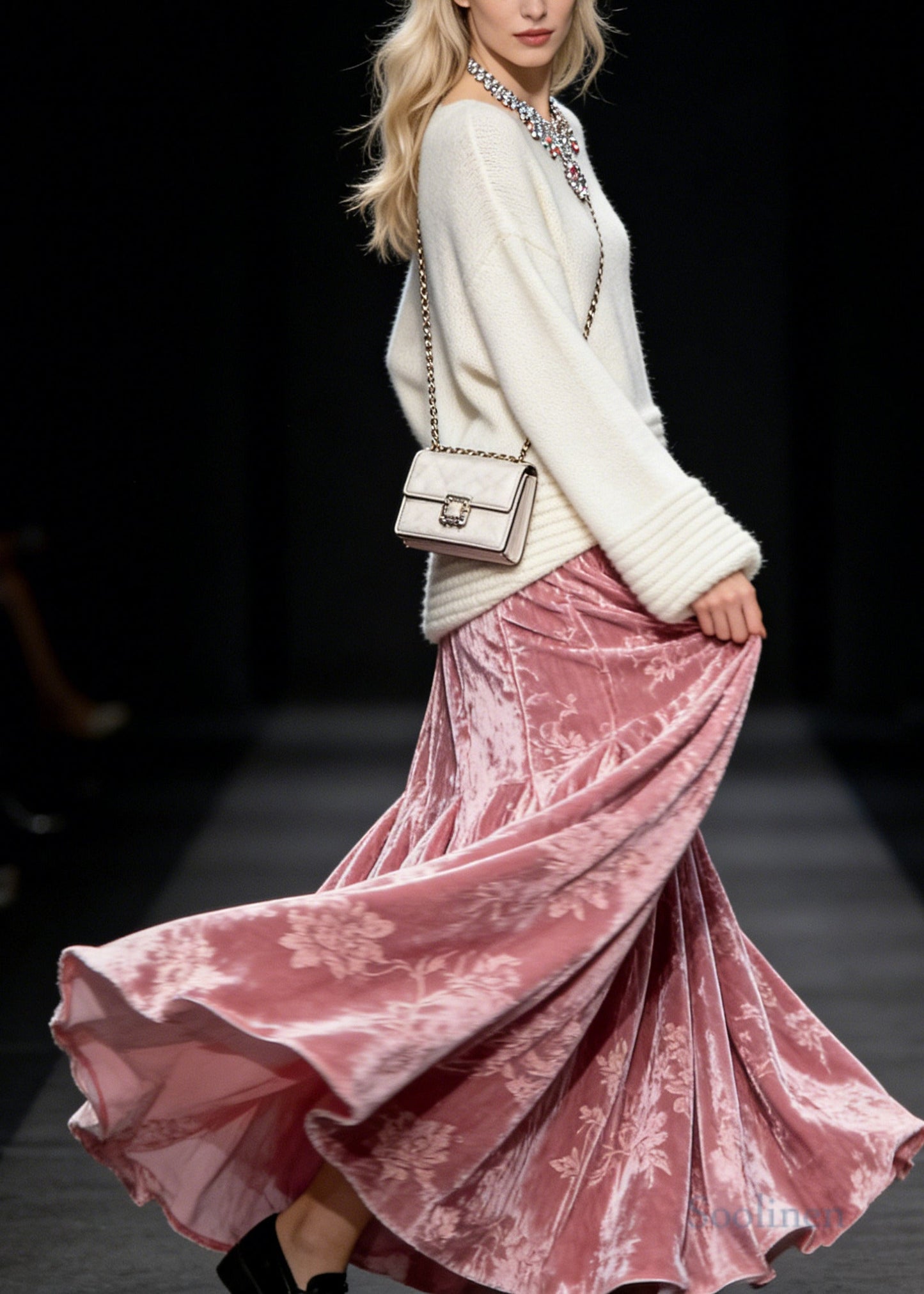 Modern Pink Jacquard Exra Large Hem Silk Velvet Skirts Spring