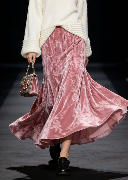 Modern Pink Jacquard Exra Large Hem Silk Velvet Skirts Spring