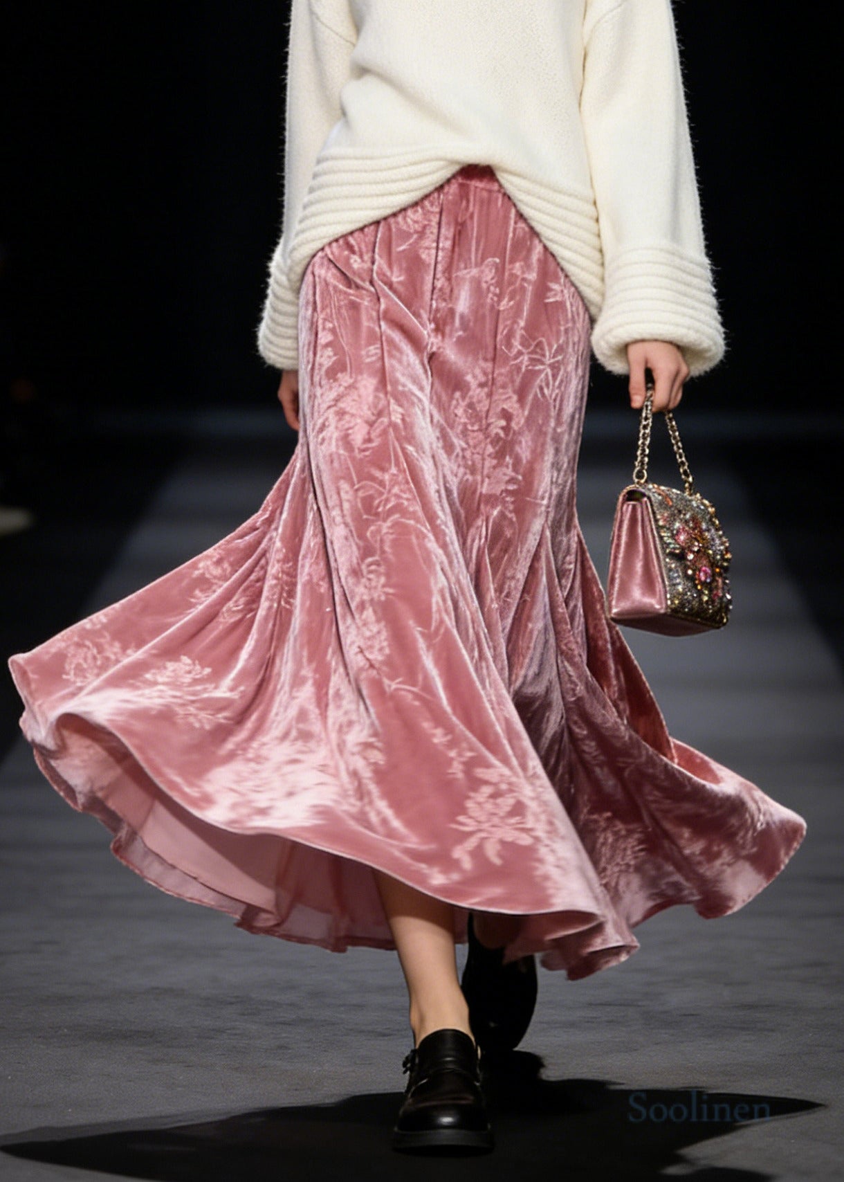 Modern Pink Jacquard Exra Large Hem Silk Velvet Skirts Spring