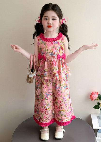 Modern Pink Print Bow Girls Top And Wide Leg Pants Two Pieces Set Summer