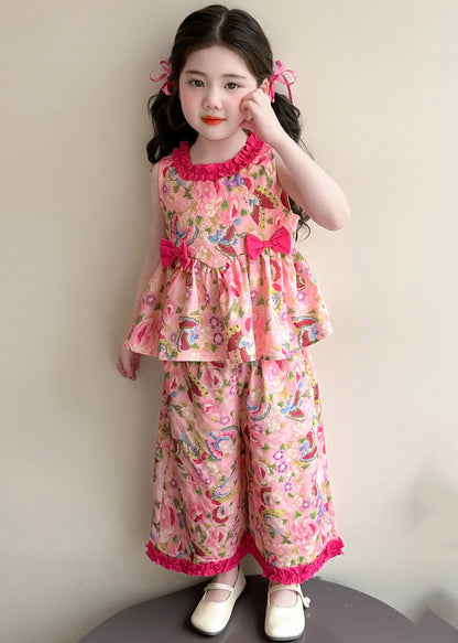 Modern Pink Print Bow Girls Top And Wide Leg Pants Two Pieces Set Summer