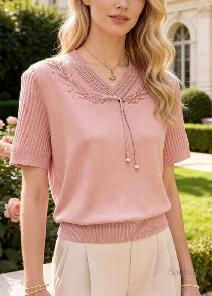 Modern Pink Tasseled Zircon Knit Shirt Top Summer