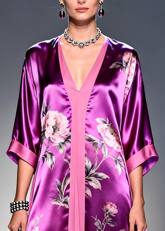 Modern Purple Flower Print Patchwork Silk Long Dress Summer