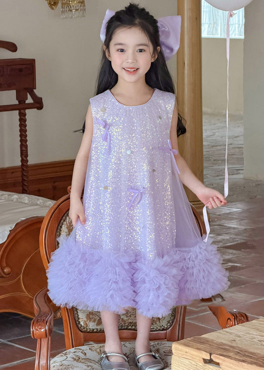 Modern Purple O-Neck Sequins Patchwork Tulle Girls Long Dresses Summer