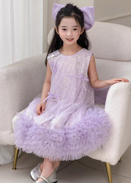 Modern Purple O-Neck Sequins Patchwork Tulle Girls Long Dresses Summer