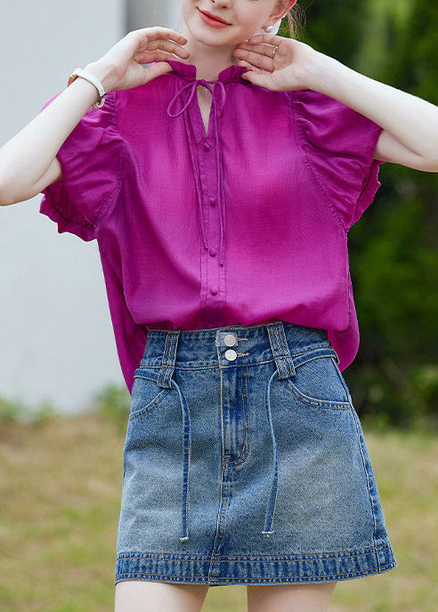 Modern Purple Ruffled Cotton Blouses Puff Sleeve