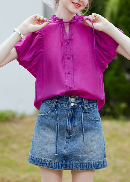 Modern Purple Ruffled Cotton Blouses Puff Sleeve