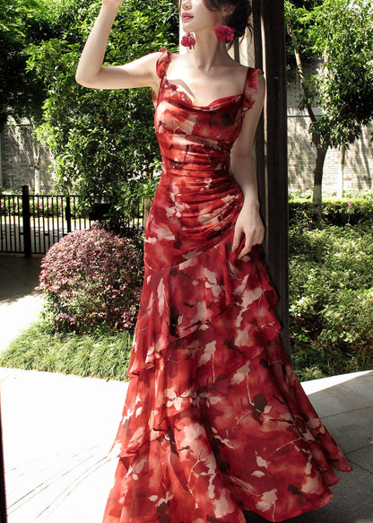 Modern Red Ruffled Print Long Spaghetti Strap Dress Summer