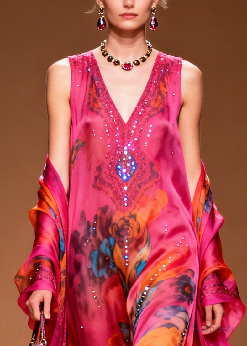 Modern Rose Print Rhinestone Sparkly Chiffon Party Dress Summer