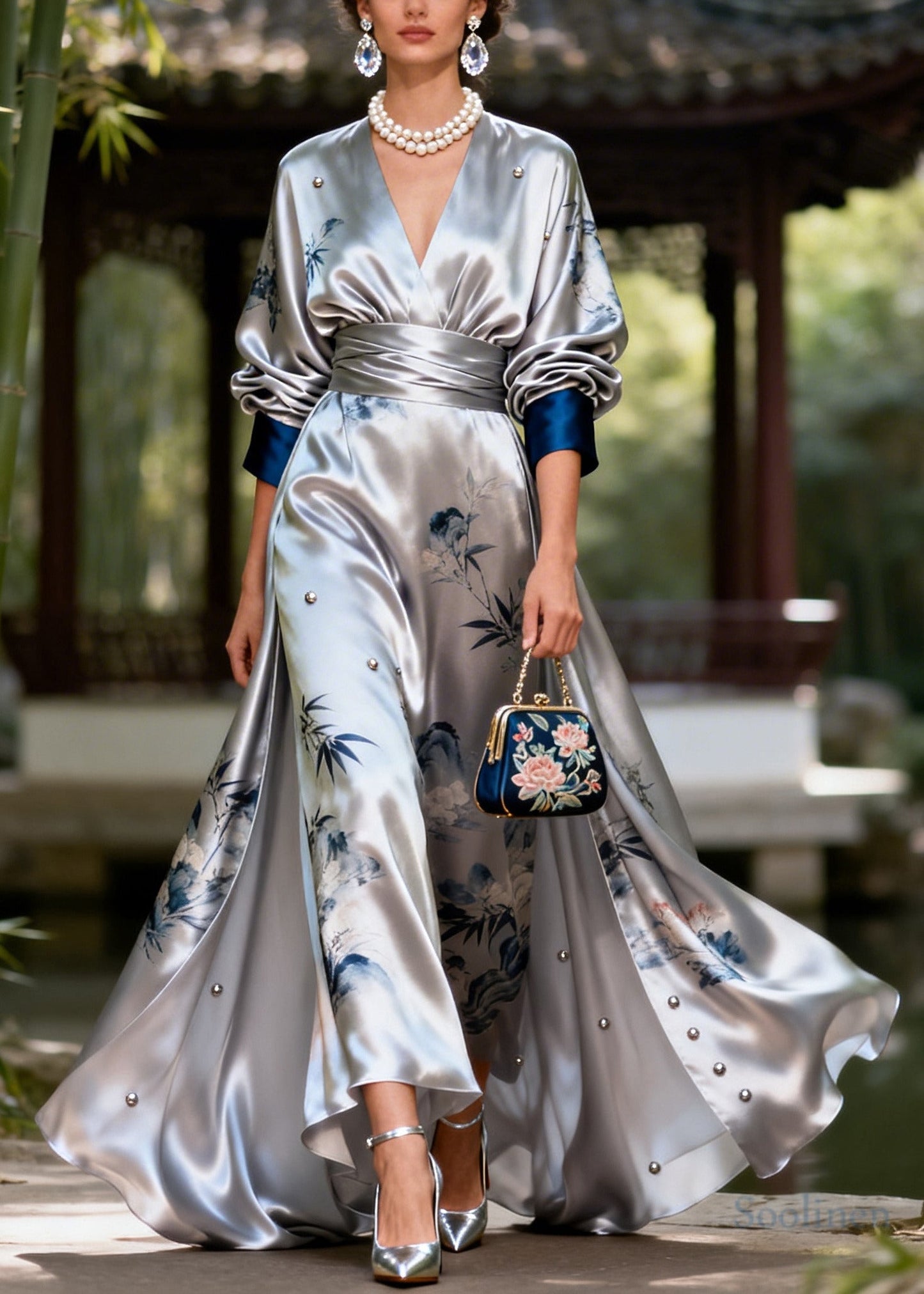 Modern Silvery Print Exra Large Hem Nail Bead Silk Party Dress Fall