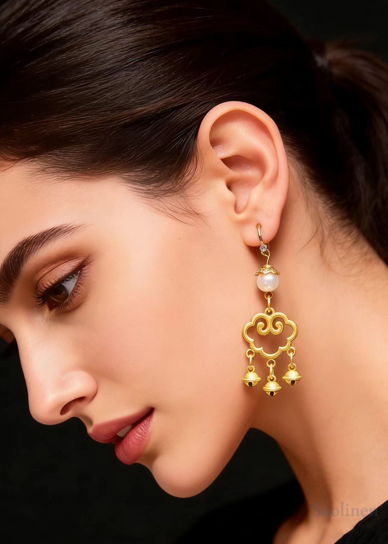 Modern Small Bell Auspicious Clouds 14K Gold Pearl Drop Earrings